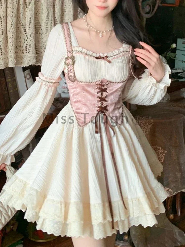 Pure Color Lolita 2 Piece Set Women Autumn Fashion Sweet Exquisite Suit Female Long Sleeve Dress + Lace-up Jacquard Waistcoat