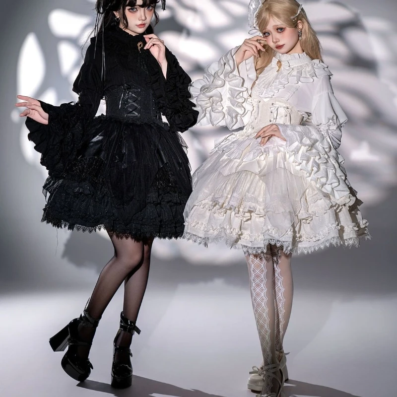 Japanese Gothic Y2k 3 Piece Set Women Retro Lace Ruffle Flare Long Sleeve Bow Shirts Sweet Mini Cake Skirt Elegant Princess Suit image 3
