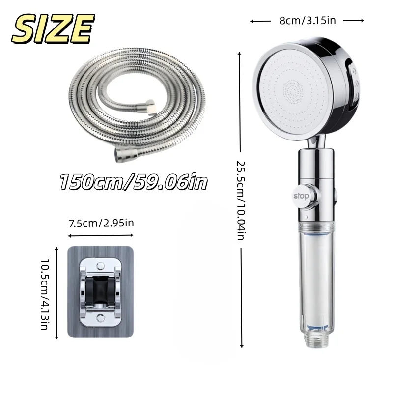 Visible Filter Window High Pressure Water Saving Handheld Shower 3 Modes 360° Rotate One-Click Stop Punch-Free Bracket Hose Home view 2