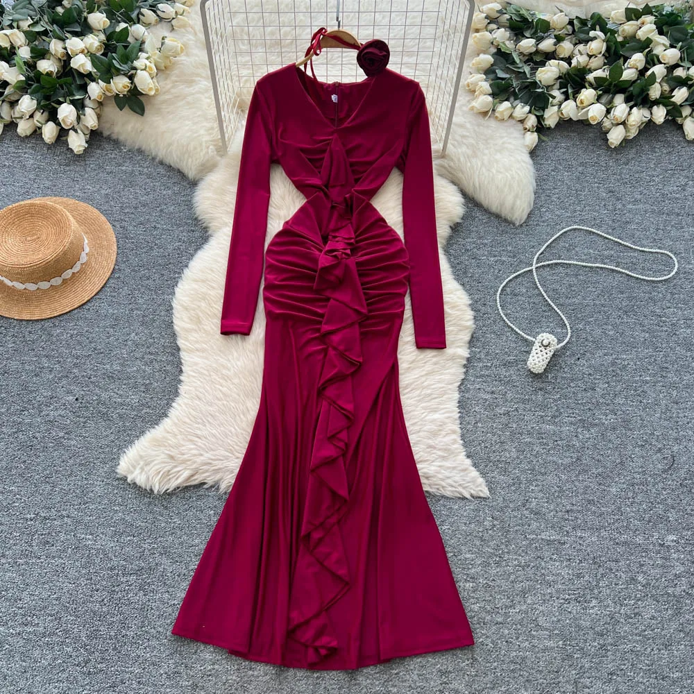 

Long Dress Women Dresses Sexy Vestidos Ruffles Y2k Streetwear V Neck Full Sleeve Wrap Hip Elegant Party Night Work Autumn Winter