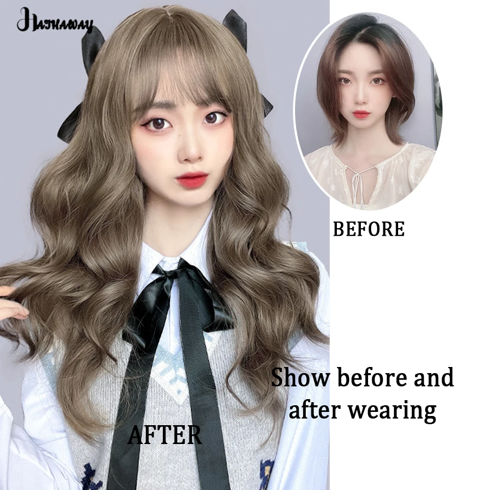 HA Wig sintetis bergelombang rambut panjang wanita, rambut palsu alami kepala penuh poni Mint abu-abu cokelat halus alami bergelombang keriting harian Wea