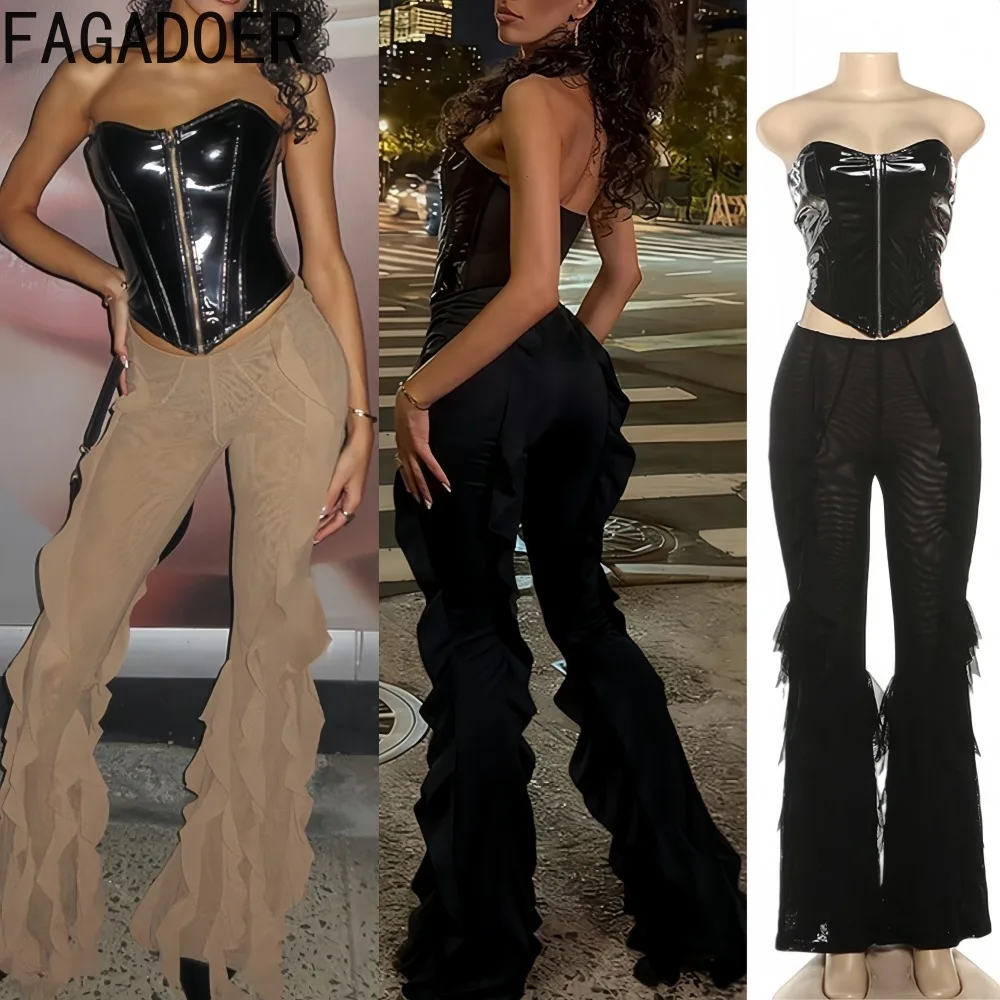 

FAGADOER Sexy Leather Patchwork 2 Pieces Set for Woman Outfits Zip Sleeveless Backless Crop Top + Flare Pants Female Streetwear