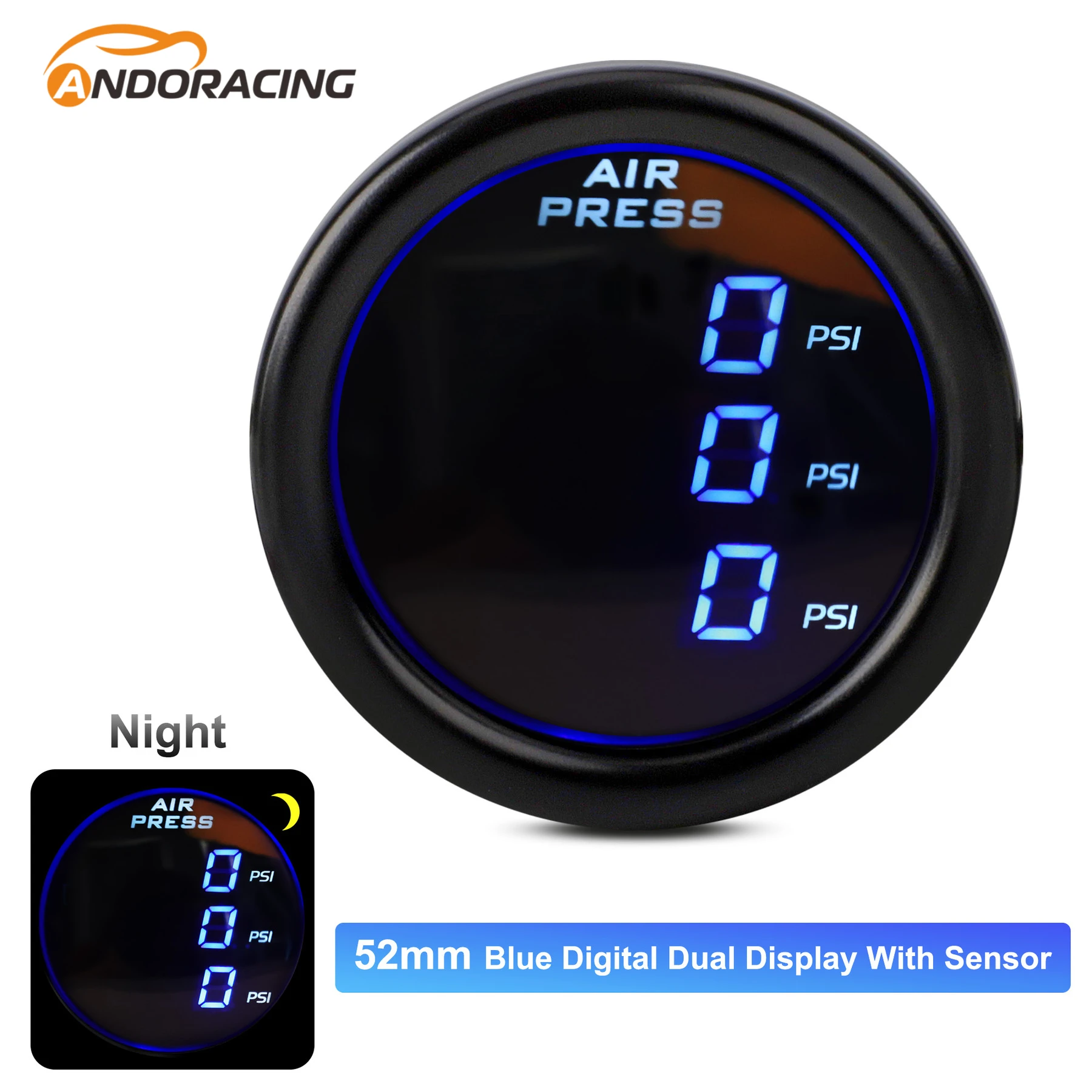 Air Pressure Gauge Three Display 220Psi 52mm Aluminum Shell PSI Air Suspension Blue LED With 3pieces 1/8NPT Electrical Sensors