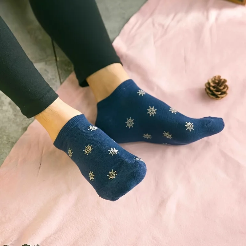 5 Pairs of Mixed-Color Nautical Style Casual Couple Ankle Socks, Low-Cut Men's Socks, Women's Ankle Socks, Navy Blue Nautical Series Cotton Men's Ankle Socks image 5