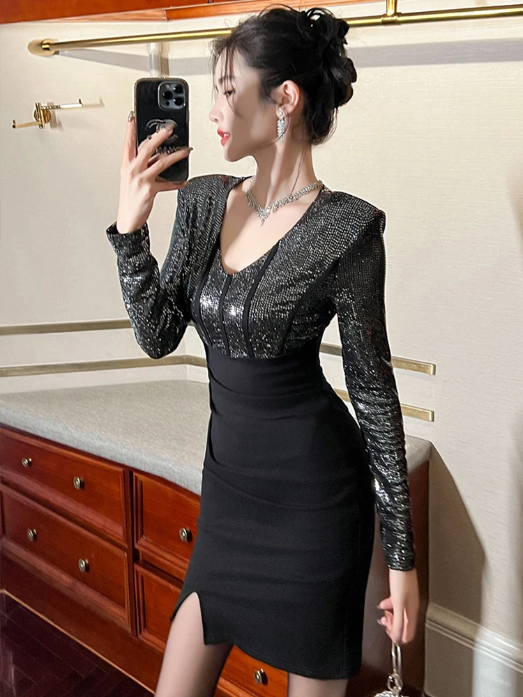 Robe de Banquet élégante pour femmes, mode française rétro élastique, paillettes brillantes, plis, moulante, fente, Mini robe de soirée, bal, Club
