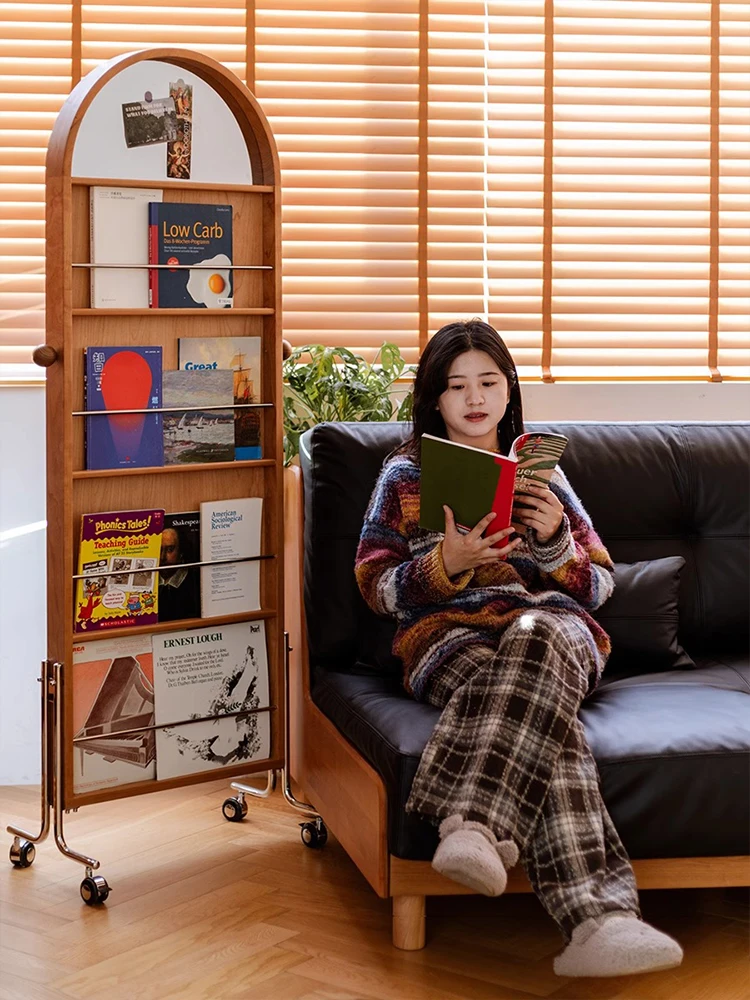 

Retro floor to ceiling for home use creative magazine book shelf medieval movable rotating solid wood mirror