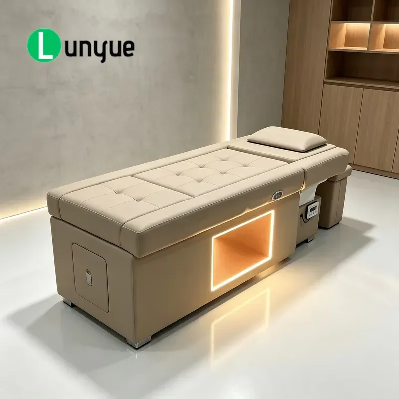 Multifunctional Brown Shampoo Bed with Foot Bath LED Light Water Circulation Electric Head Spa Therapy for Beauty