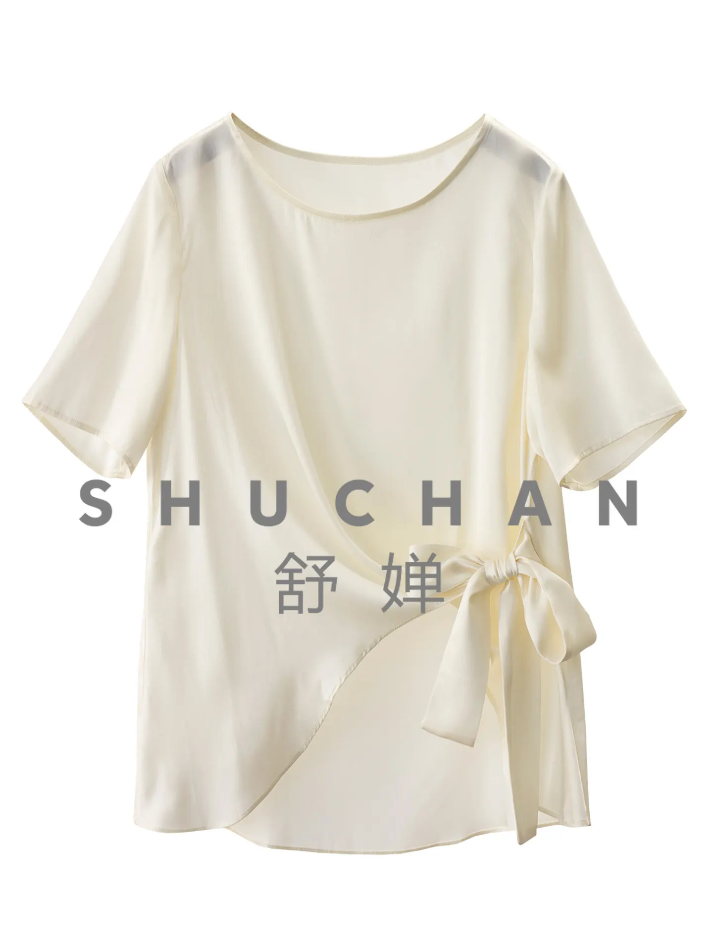 

Elegant Concave Shape Blouse Light Luxury Silk Double Joe Hem Knotted Short-sleeved Shirt Women's 56J4