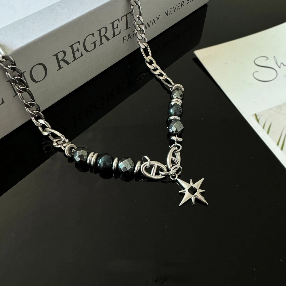 Titanium Steel Obsidian Star Necklace for Man Punk Bead Clavicle Chain Luxury Pendant Jewelry Hip-hop Accessories Wholesale