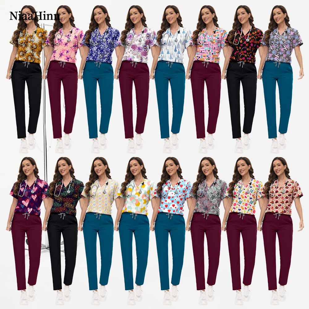 Clean Protection Surgeon Set Women and Men Printing Medical Uniforms Adjustable Nursing Scrubs Suits Dentistry Work Clothes Sets