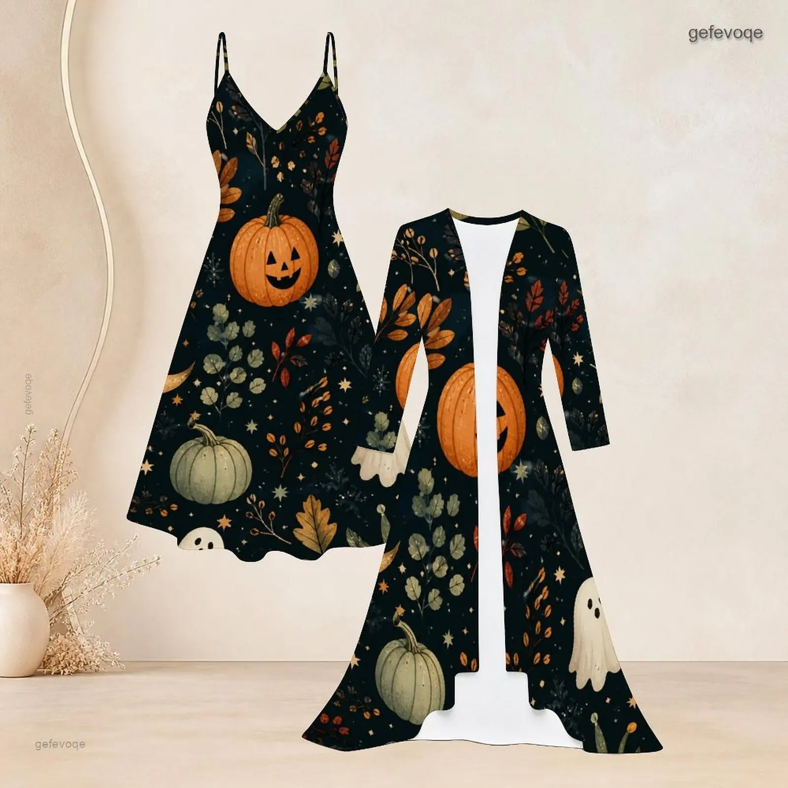 Women 2 Piece Printed Set, V Neck Strappy Flared Dress + Long Sleeve Open Front Cardigan, Pumpkin Ghost Autumn Leaf Star Print