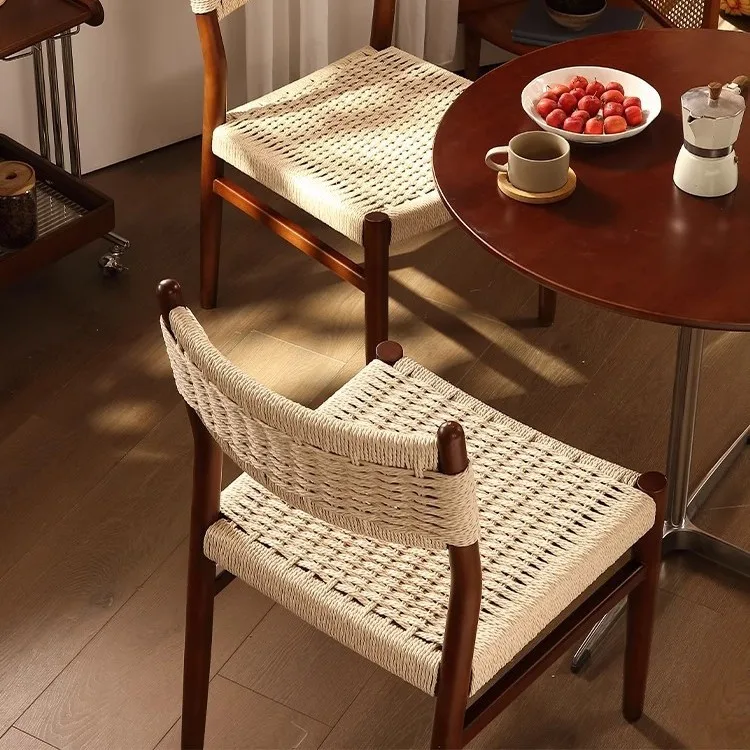Nordic log dining  simple handmade rope back  home study bedroom solid wood  dining room wheat field