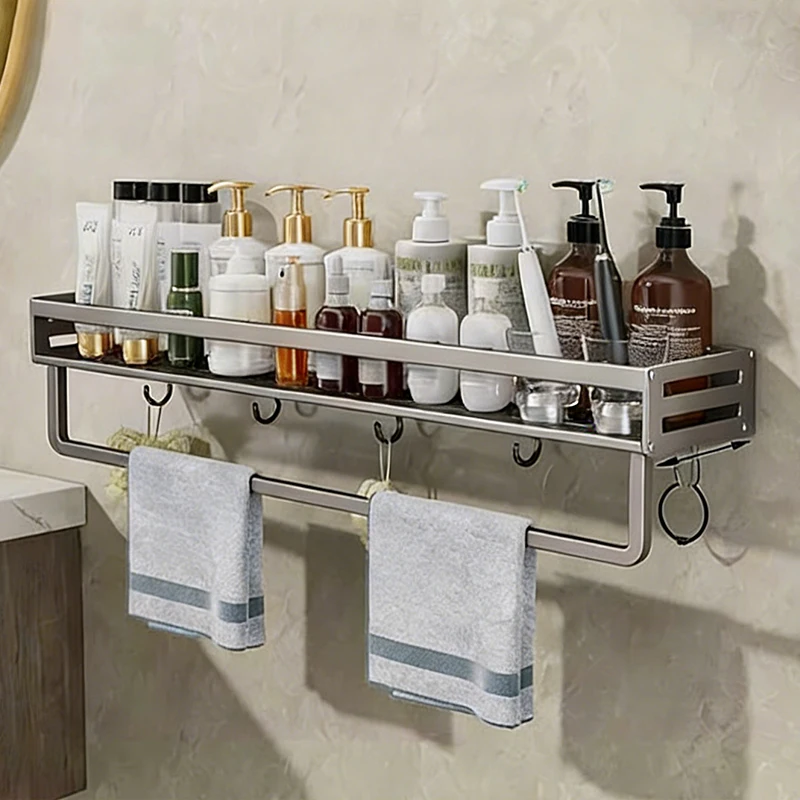 Bohrfreies Aluminium-Eckregal für Badezimmer mit Handtuchhalter, Shampoo-Halter und Toilettenregal-Zubehör