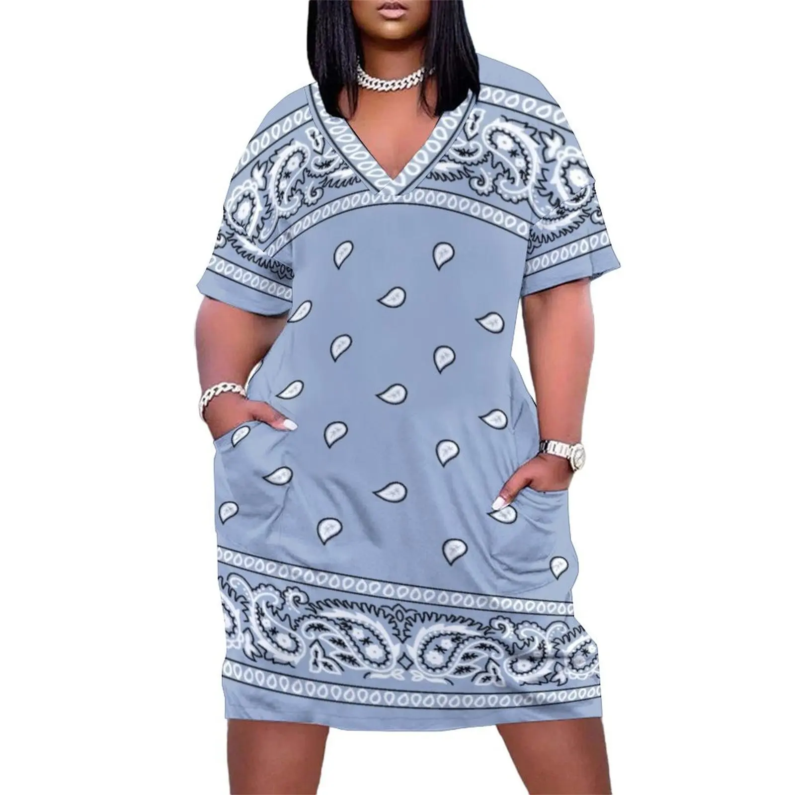 

Bandana Light Blue Loose Pocket Dress Cocktail of dresses loose summer dress party dress women elegant luxury luxury