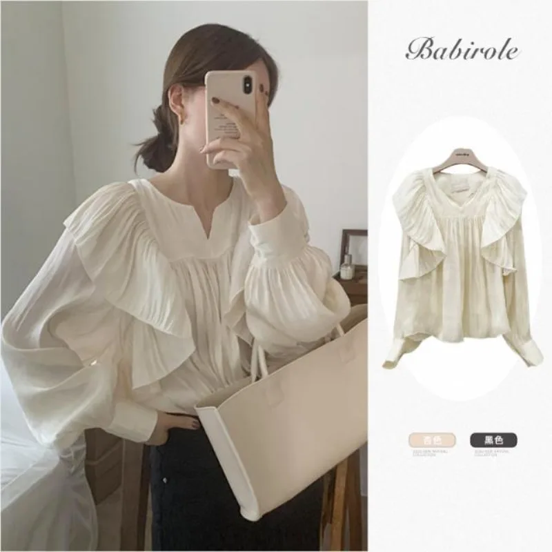 Female Spring Summer Fashion Casual Ruffles Solid color O-neck Women shirts Korean office Lady VersatLoose Long sleeve top tee