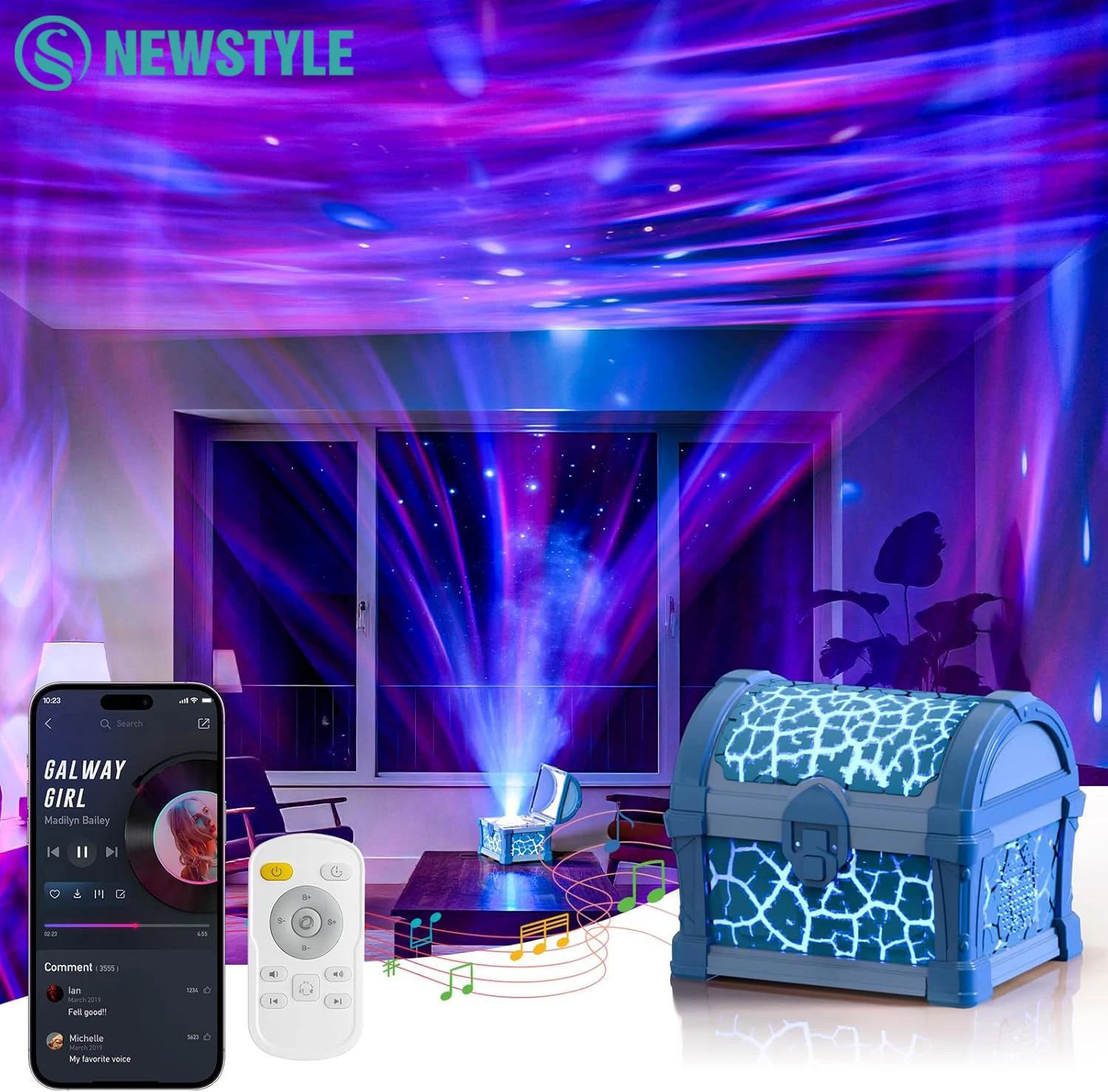 Luce notturna per proiettore Treasure Chest con effetto luci Galaxy Bluetooth 8 colori Luce d'atmosfera temporizzata per regalo di Natale