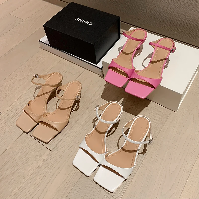 Natural Leather Summer and Korean Version Minimalist Style with Exposed Toes Slim High Heels  Simple Sandals  One Line Buckle