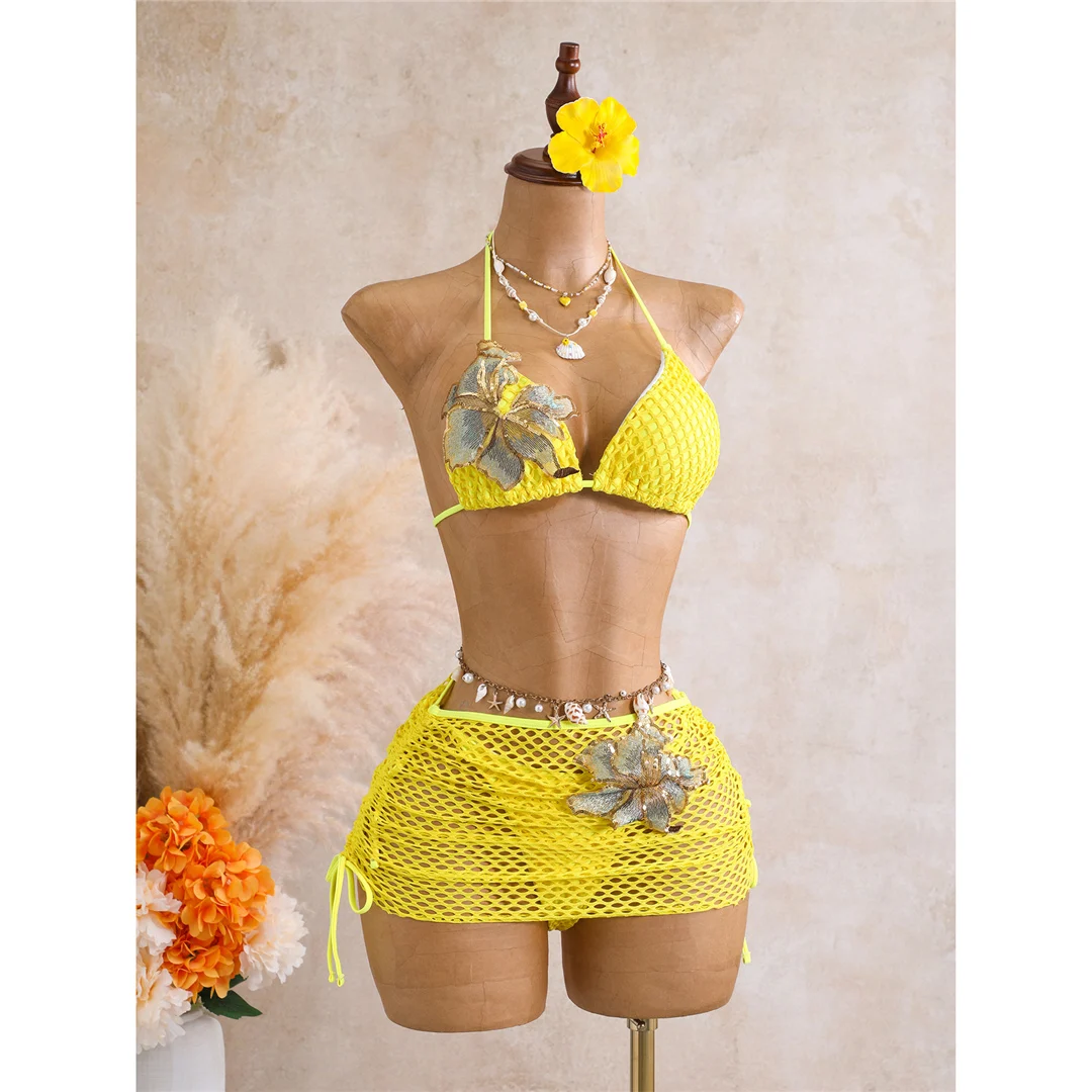 Mit Rock 3D-Blumen-Halter-Bikini Damen-Badebekleidung, dreiteiliges Bikini-Set, gepolsterter Badeanzug, Badebekleidung, Schwimmen V8346 – Detail 13