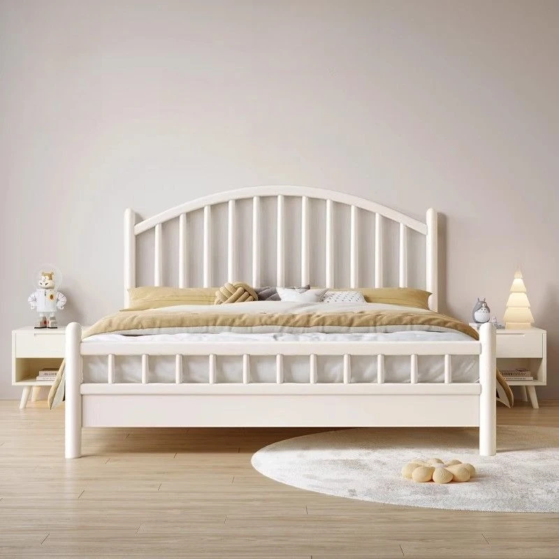 Nordic cream white all solid wood bed, Japanese modern simple princess bed