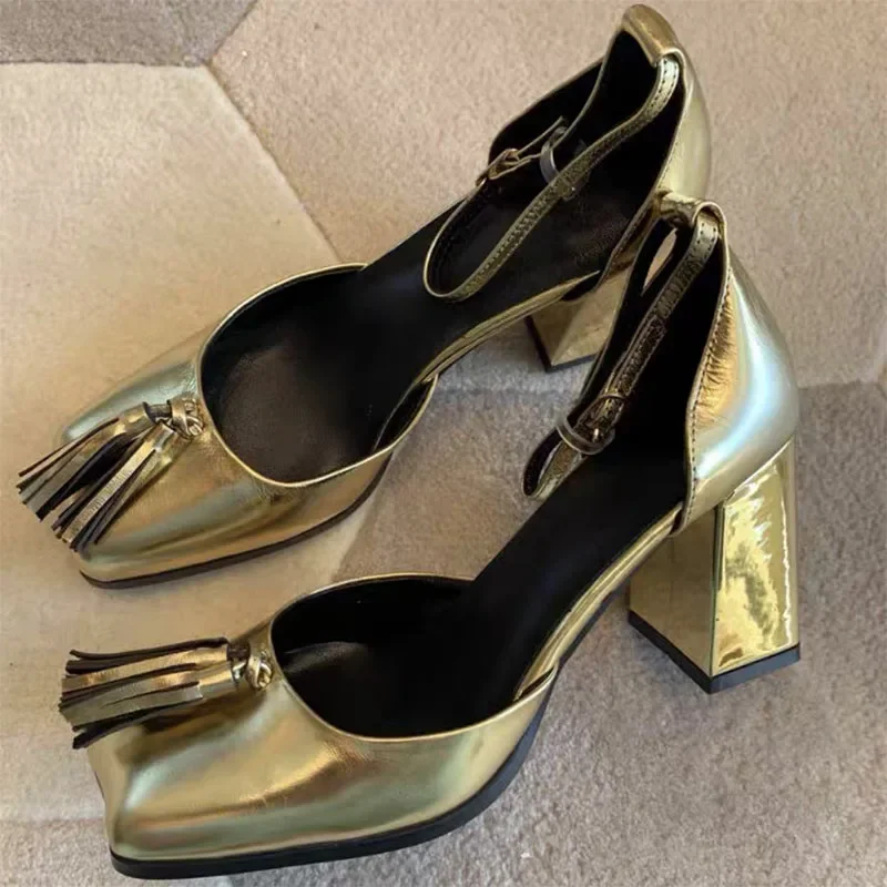 Strange Toe Thick Heeled Straight Line Buckle Sandals Gold Tassel Decorative Patent Leather Pumps Commuter Women Shoes Sandalias