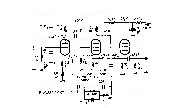 مرجع مضخم الأنبوب الإلكتروني MC22 ECC83 إلى دائرة McIntosh MC22. مع تعديل ثلاثي/جهير