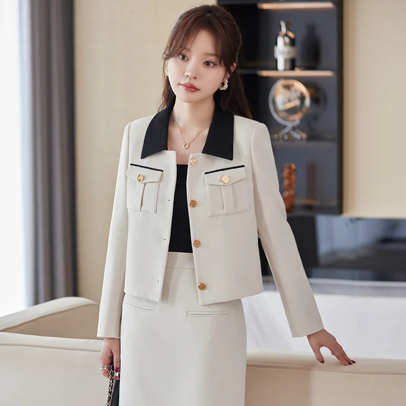 Spring Women Solid Slim Korean Elegant Business Wear Formal Turn Down Collar Blazer And Midi Skirt Two-piece Set Fashion Retro