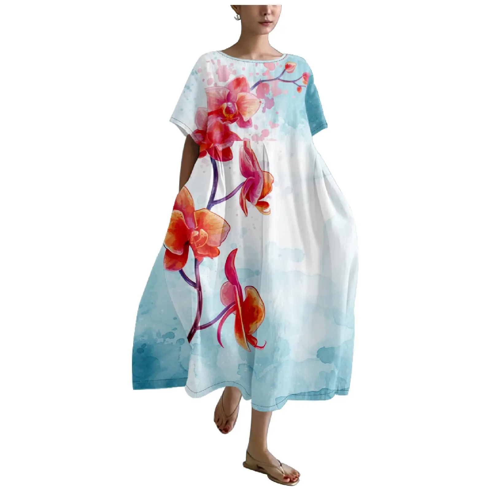 2024 de talla grande para mujer, Vestido largo de arte japonés, vestido bohemio con cuello redondo Floral para mujer con dobladillo ancho, vestido de verano Casual