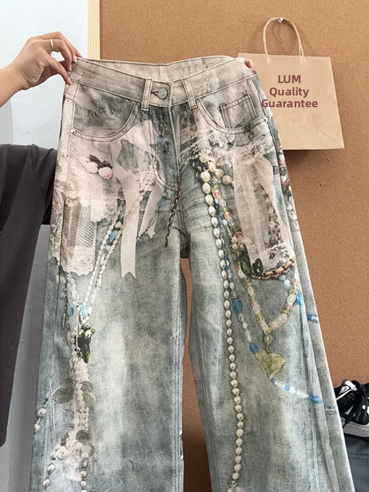 

Американские джинсы High Street с кружевной жемчужной цепочкой и 3D принтом для мужчин и женщин, осень-зима, свободные повседневные модные широкие длинные брюки