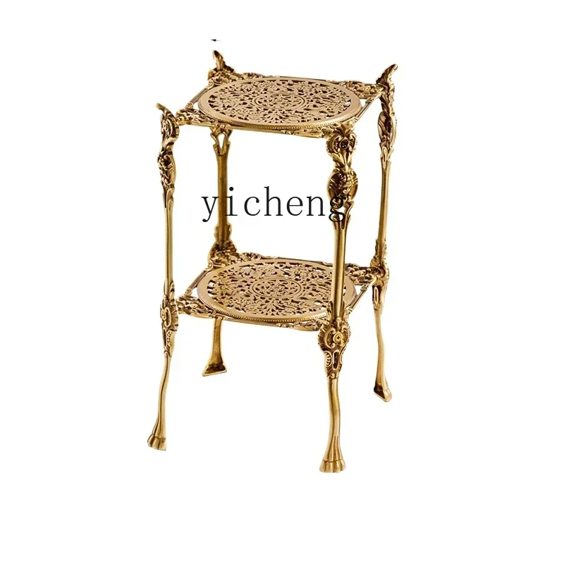 

TQH Nordic Home Furnishing Living Room Brass Floor Shelf Multi-layer Hollow Shape Storage Rack Light Luxury Edge