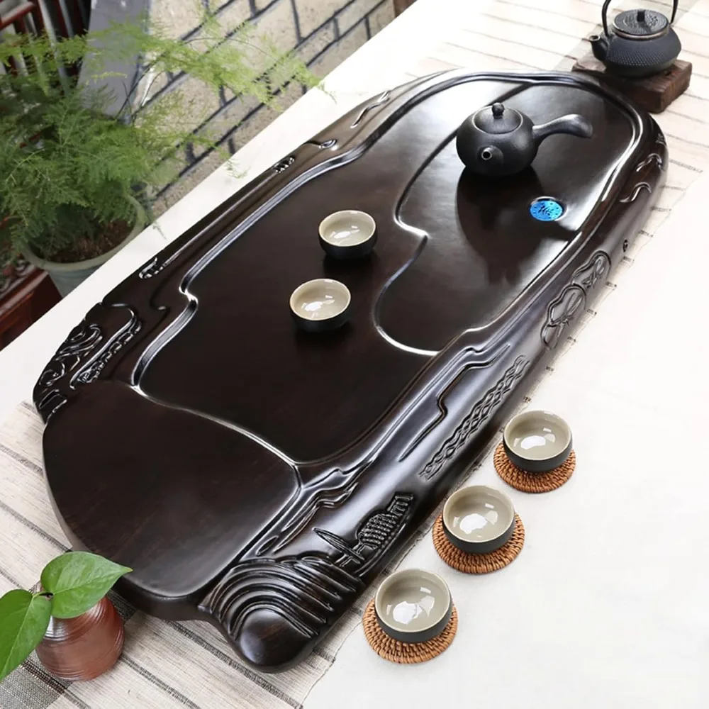 

Retro Solid Wood Tea Tray,Wooden Chinese Gongfu Tea Table home Tea Plate Relief Decorative Tea Set Tray with Drain Function,Offi