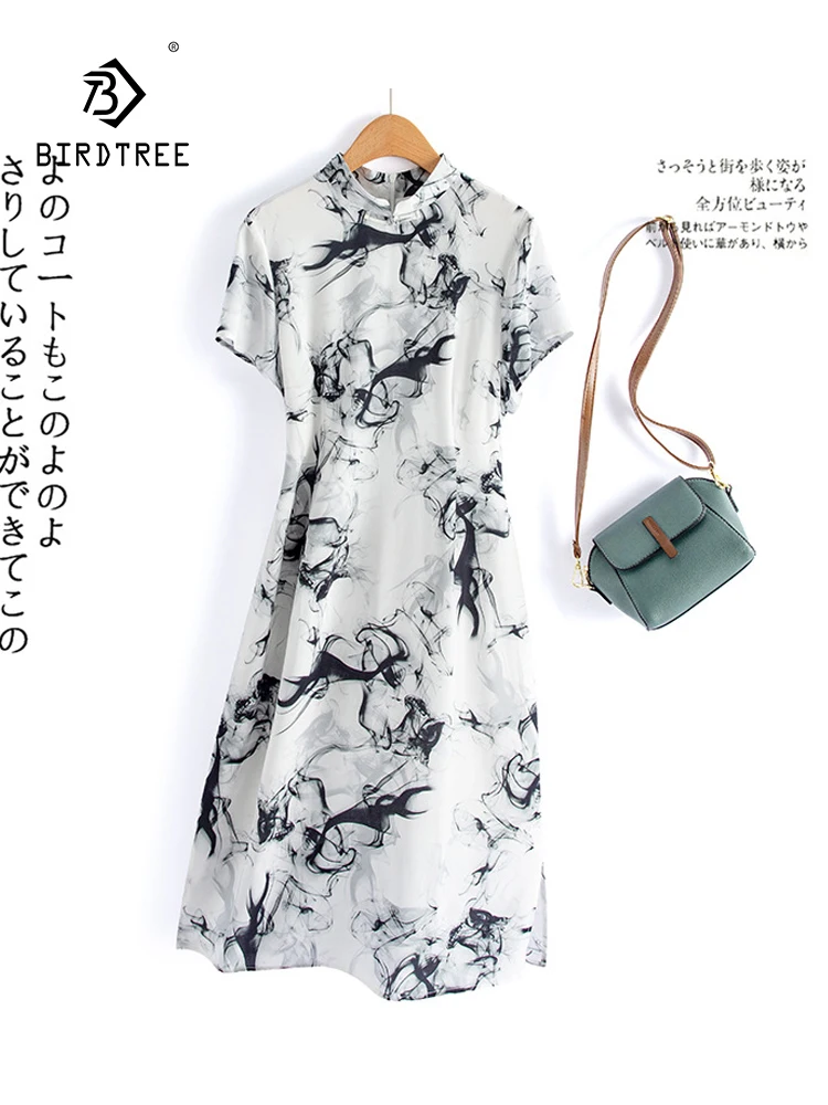 

BirdTree, 100%Real Silk Elegant Dresses, Women Short Sleeve Printed, Retro Appear Thin Versatile Dress, 2024 Summer D44637QC