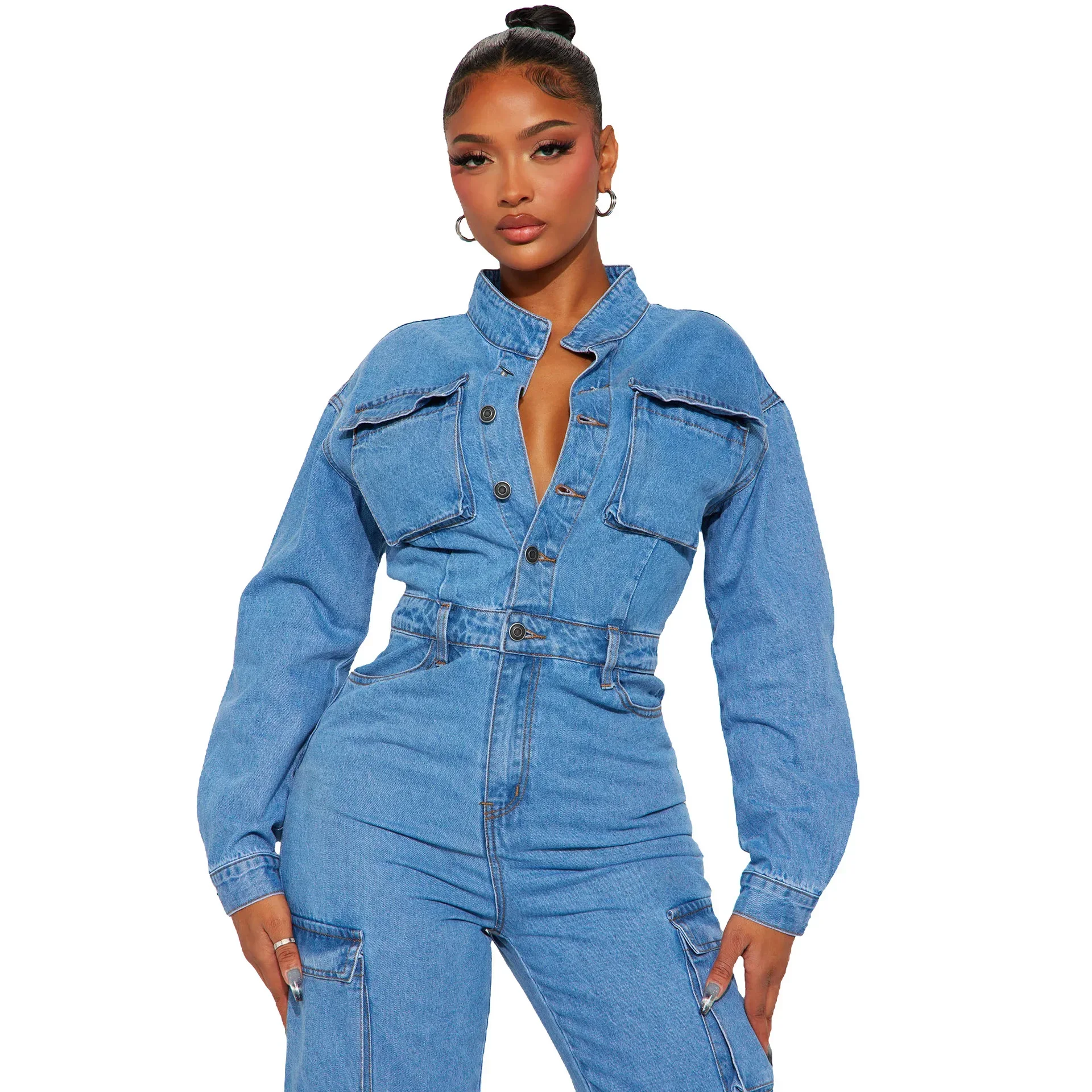 

Women's New Autumn and Winter Fashion Elastic Organ Bag Wash Denim Jumpsuit Stand Collar Long Sleeve Denim Bell Bottoms Overalls