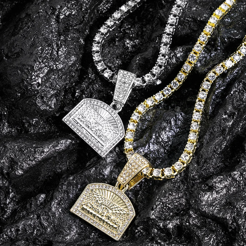 Iced Out Last Supper Pendant Necklace with 4mm Zircon Tennis Chain Men Women Sparkling Necklace Punk Jewelry Fashion Gift