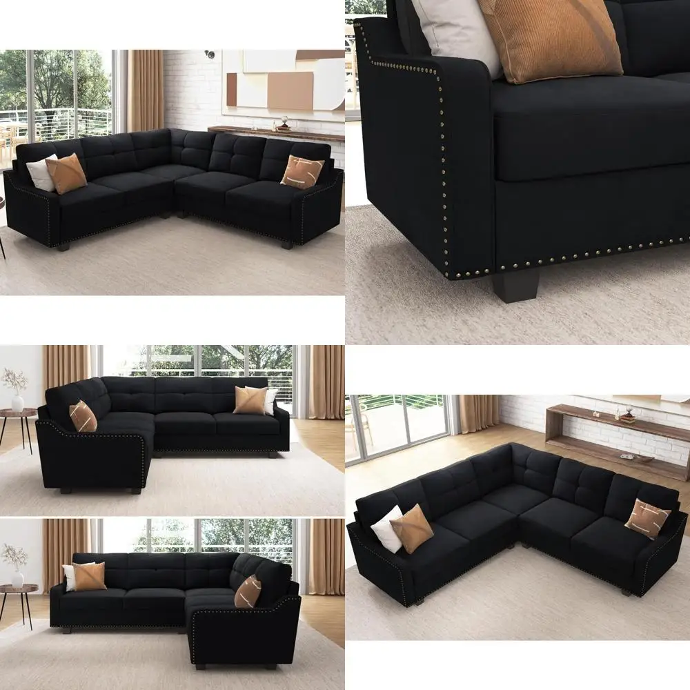 

l-shaped reversible velvet black sectional sofa for small apartments