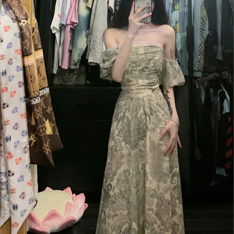 

One line shoulder sleeveless ink floral retro romantic slimming long dress