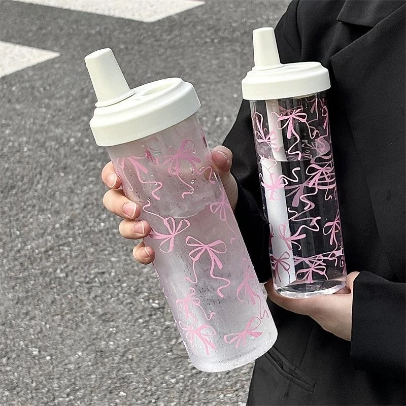 1/2pc 750ml Pink Bow Printed Water Cup Portable Large Capacity Tumbler Water Bottle with Straw Lid Girly Attractive Drinking Cup