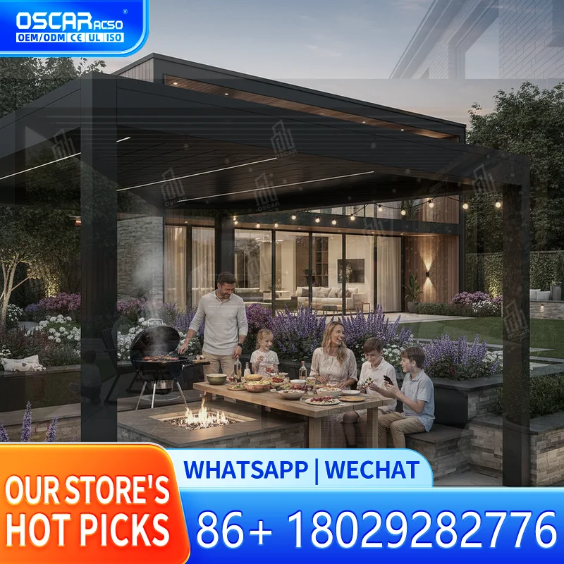 Retractable Motorized Aluminum Louvered Roof Waterproof Dimmable RGB Lighting Luxury Pergola System for Gardens Patios Backyards
