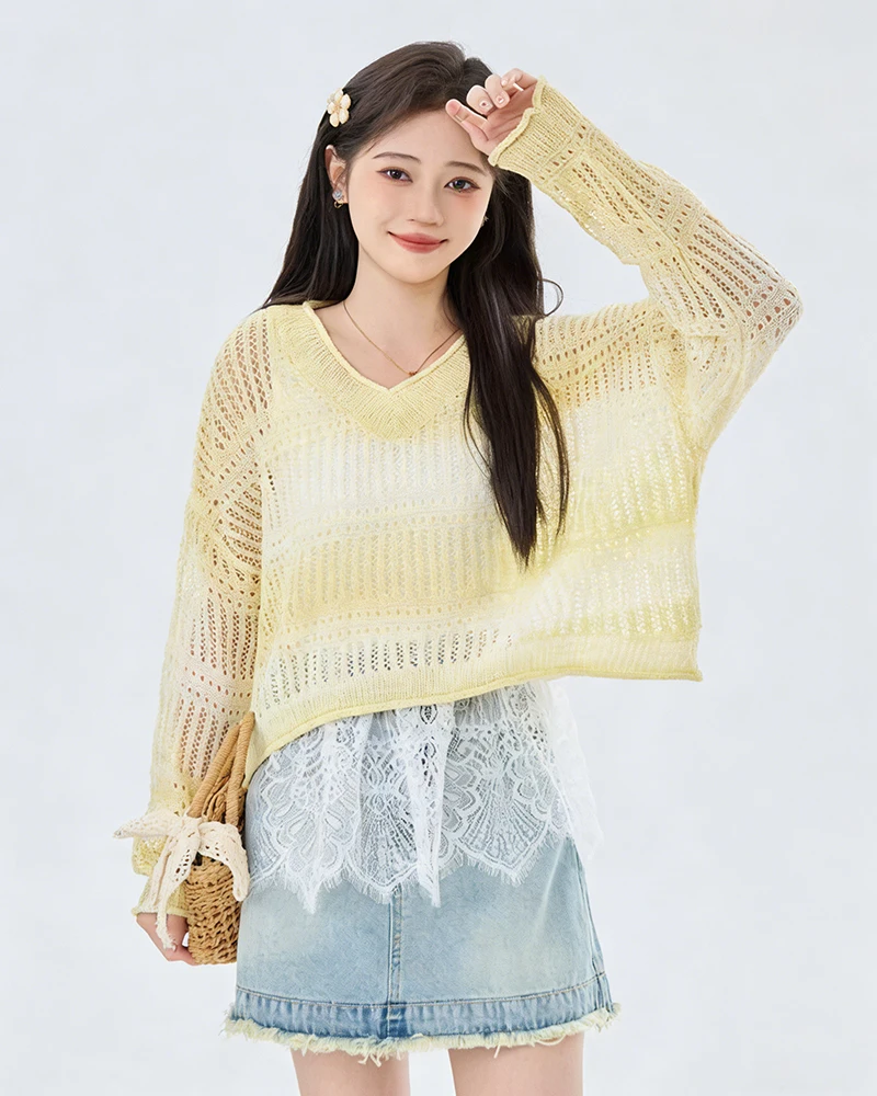 Women Knit Hollow Out Crochet Sweater Long Sleeve Summer Beach Top Pullovers Female Clothing Mesh Shirt Sexy Club Streetwear