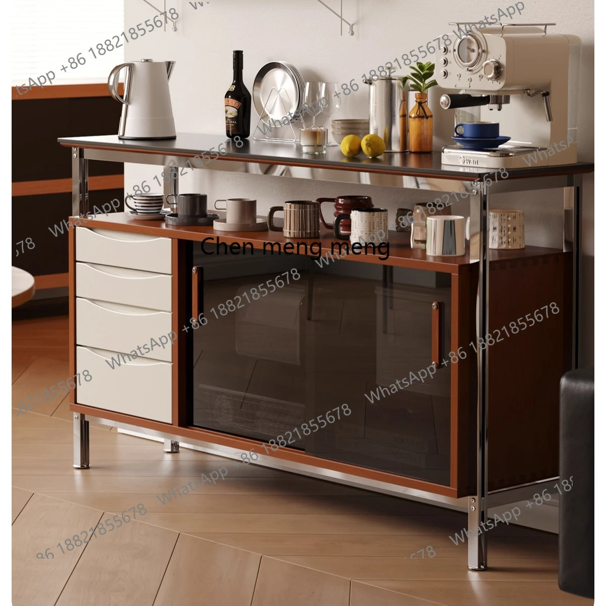 

Side cabinet retro style solid wood rock slab coffee locker integrated storage tea cabinet against the wall