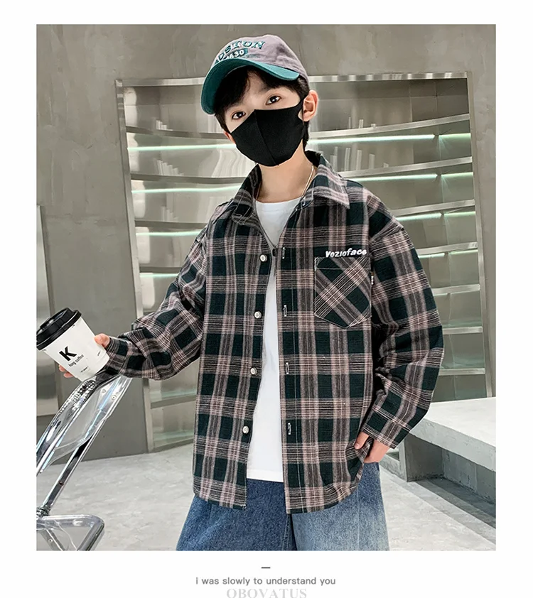 Frühlings-Herbst-Jungenhemd mit Karomuster und Tasche, Langarm, Koreanischer Casual-Stil, Baumwollbluse für größere Kinder, Coole Streetwear für Kinder – Detail 16