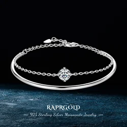 RAPRGOLD 1ct Moissanite Bracelet for Women S925 Sterling Silver Double Chain Adjustable Cuff Bracelets Wristband Wedding Jewelry
