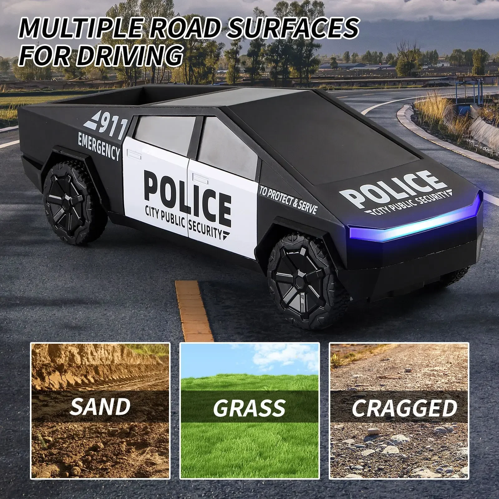 Juguetes Cybertruck todoterreno, camioneta de policía 911, modelo de coche fundido a presión de aleación de la patrulla de la ciudad, Gt, juguetes para niños