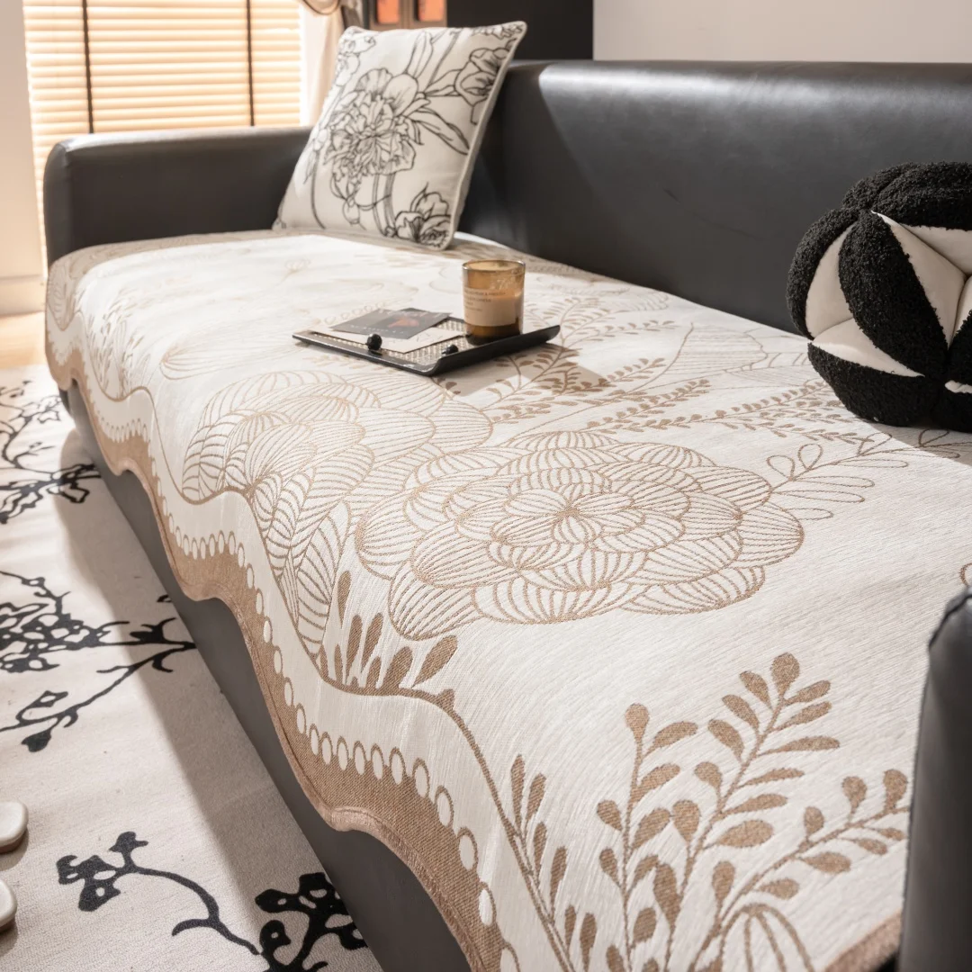 Romantischer Blumen-Jacquard Dicker Chenille-Sofabezug, mit Gebogenem Saum Dekorativer Sofatuch für Alle Jahreszeiten Wohnzimmermöbel