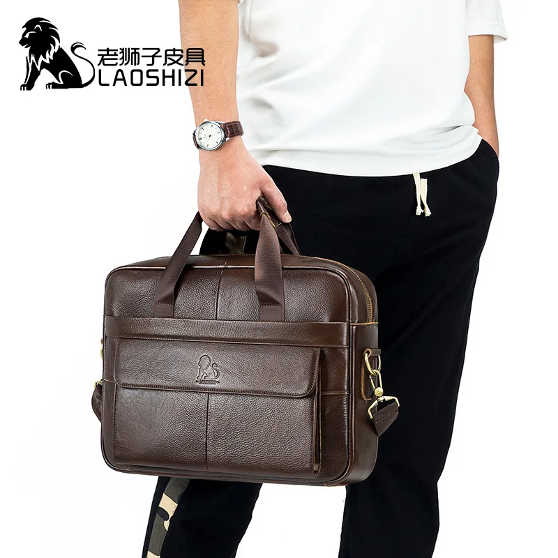 Brand Men 14 Inches Laptop Bags Large Capacity Shoulder Bag Fashion Genuine Leather Business Men Briefcase Messenger Bag Handbag