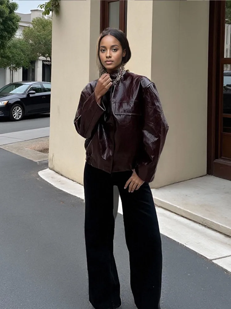 Women Casual Sequin Leather Jacket Fashion Solid Stand Collar Full Sleeve Short Loose Coat 2025 Autumn Daily Commute Office Wear