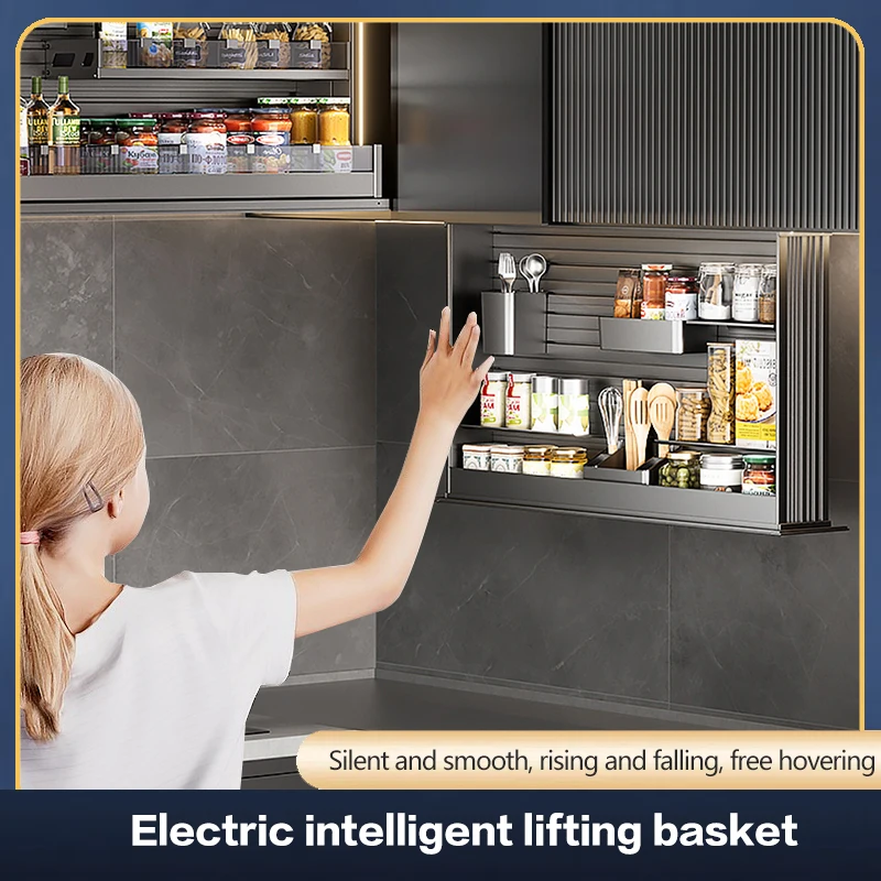 

Kitchen Wall Cabinet Vertical Lifting Basket Electric Intelligent Voice and Touch Control Automatic Seasoning Basket Cabinet