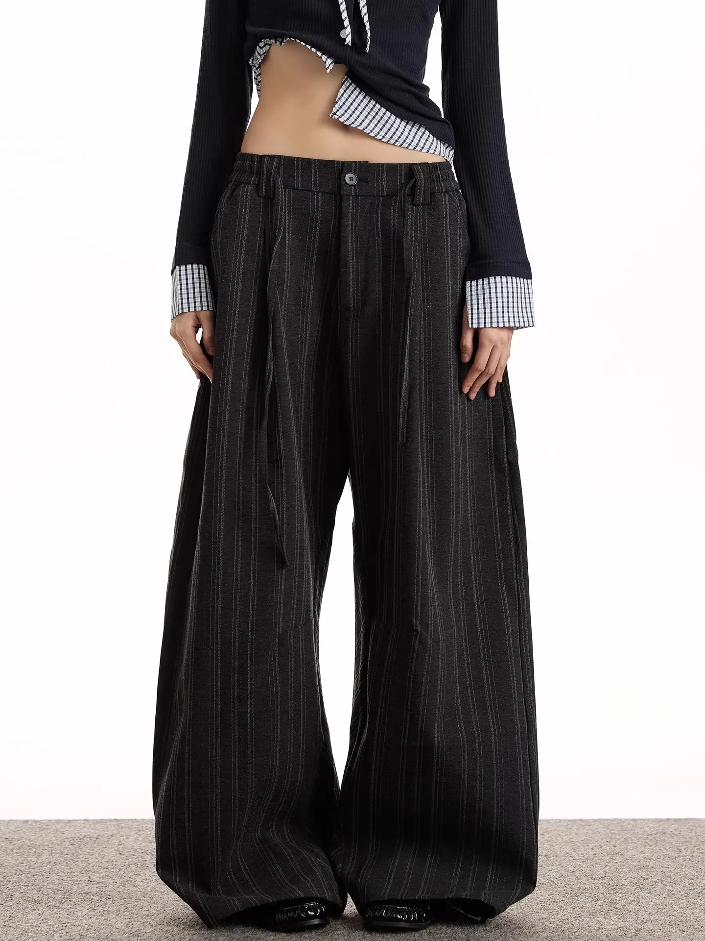 Women's Stripe Wide Leg Pants Cleanfit Black Solid Low Waist Dressy Trousers Unisex Office Work Casual Clothes