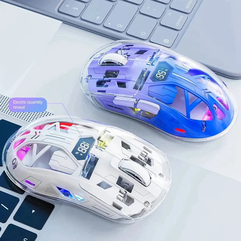 ABHU Mouse Nirkabel Transparan dengan Layar Digital, 2.4G RGB 4000DPI Penyesuaian 5 Langkah, Tombol Bass, Mouse Gamer Bluetooth