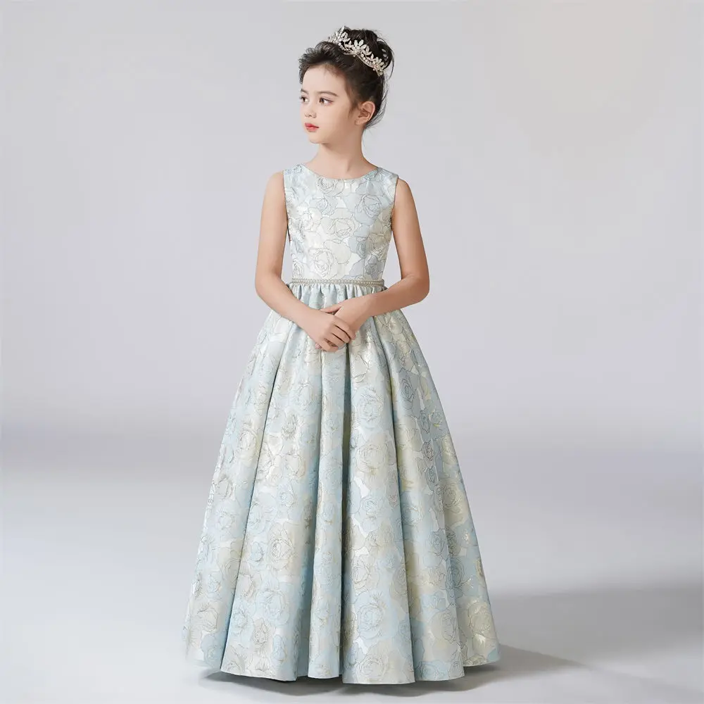 Dideyttawl Customized O-Neck Dress For Girl A-Line Rose Pattern Flower Girl Dresse Sleeveless Kids Birthday Formal Princess Gown