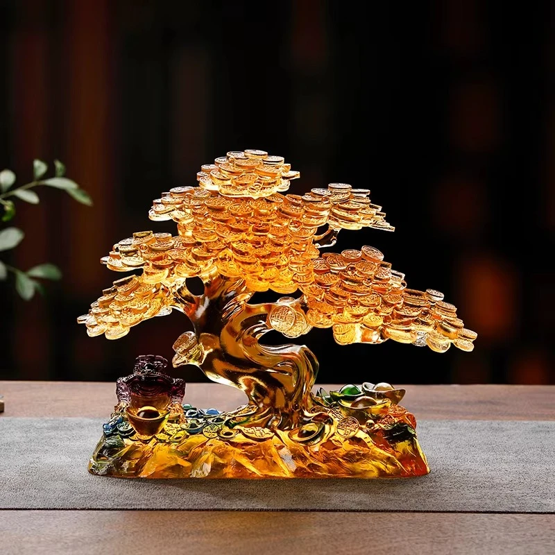 Large-scale handmade money tree sculpture lost wax casting, glazed and gold coins ingot toad feng shui for wealth career success